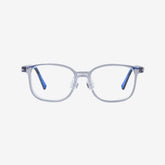 MiniMuse crystal grey square kids prescription glasses with adjustable blue temple tips. Front view.