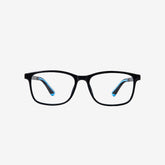 Minimuse youth rectangle glasses in a polished black frame with bright blue accents, showing flexible spring hinges and adjustable temple tips for teens 10+. Front view.