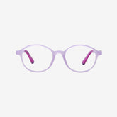 Minimuse kids round glasses in clear and lavender transparent frames featuring flexible spring hinges and adjustable temple tips for children ages 4-6. Front view.