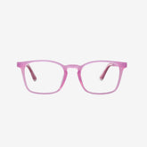 Minimuse kids square glasses in a transparent pink frame, showcasing flexible spring hinges and adjustable temple tips for kids aged 7-9. Front view.