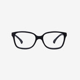Front perspective view of black flexible kids prescription glasses with an adjustable black elastic head strap on a plain white background.