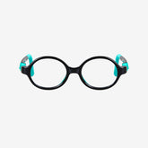 Black Green kids 360 ultra-flexible round glasses showcasing a round one-piece screwless frame, detachable temples, and a adjustable elastic head strap for toddler eye safety.