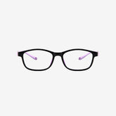 Black and purple kids sports glasses with flexible wrap-around temples and an adjustable elastic head strap for active children. Front view.