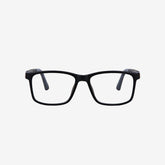 Black and grey square kids flexible prescription glasses for ages 10 plus featuring flexible hinges and an adjustable sports strap, front view.