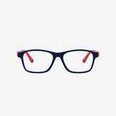 Dark blue & red indestructible kids prescription glasses showing a 360-degree flexible hinge design, adjustable temple tips, and an attached elastic sports strap. Front view.