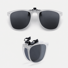 A white universal clip-on sunglass attachment designed to fit over kids’ prescription glasses for easy outdoor sun protection.
