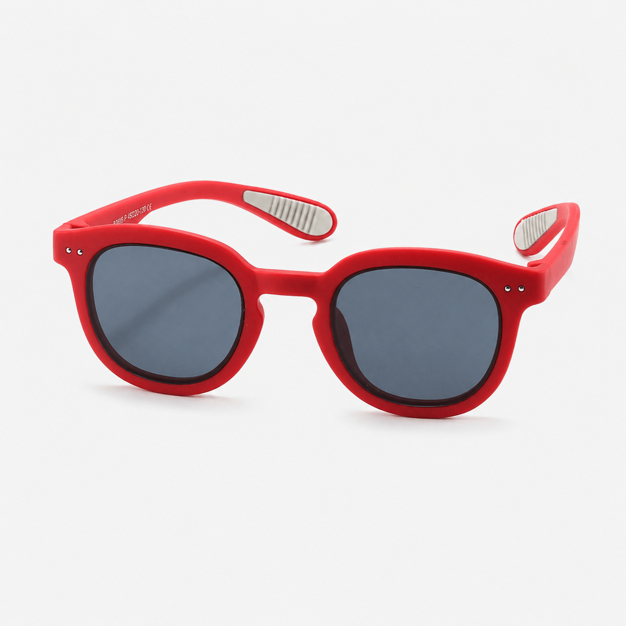 Kids flexible silicone prescription sunglasses with round frames, dark UV lenses, and non-slip ear grips.
