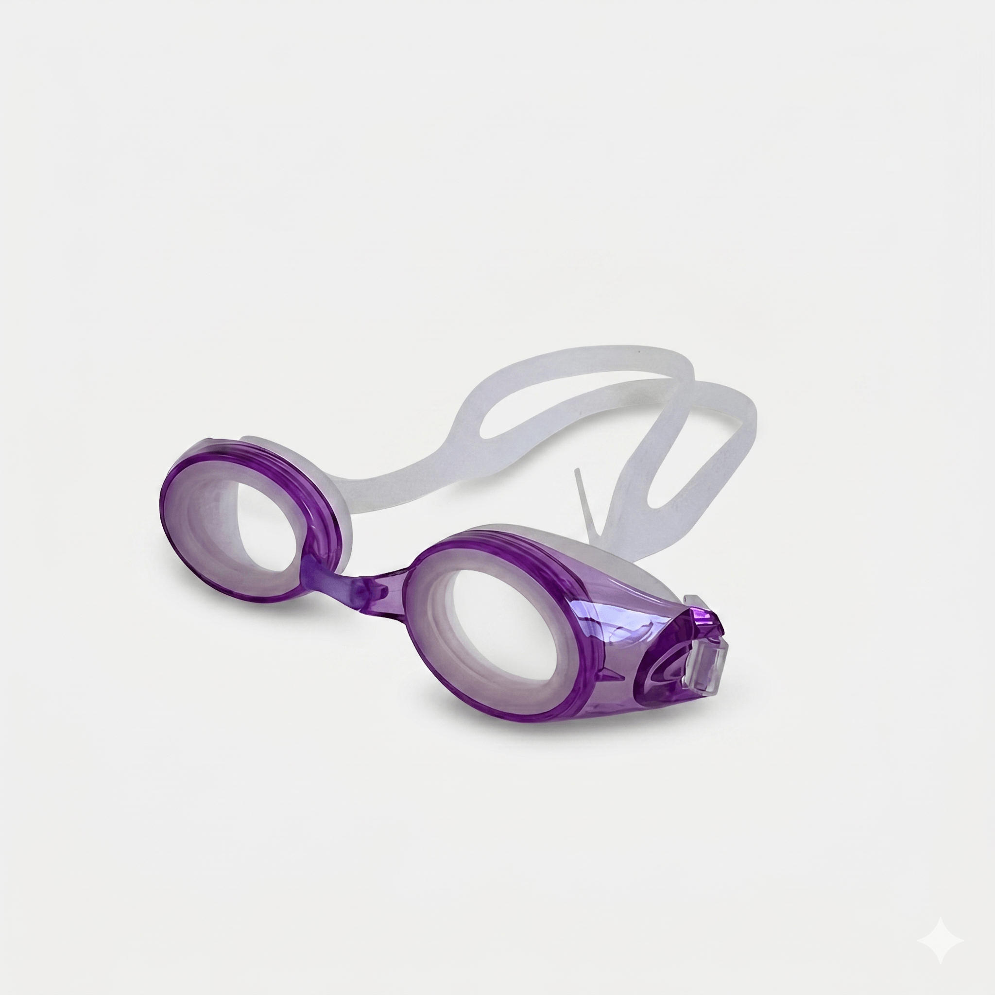 Clear purple kids prescription swim goggles featuring soft leakproof silicone seals and a split head strap for children's optical eye protection in the pool.