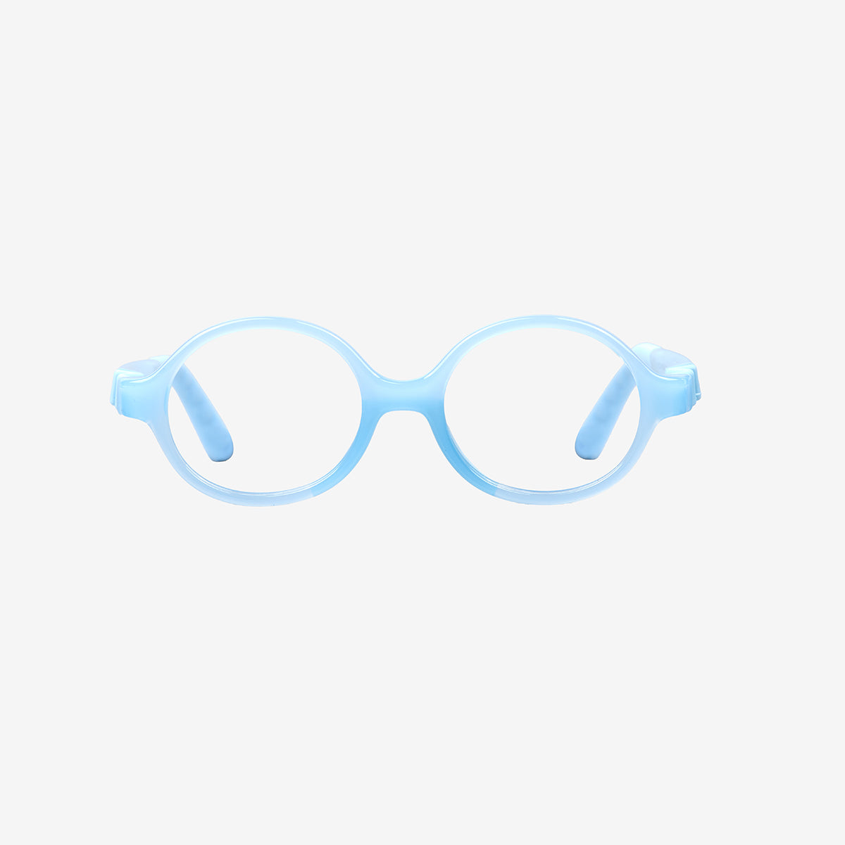 Light Blue kids 360 ultra-flexible round glasses showcasing a round one-piece screwless frame, detachable temples, and a adjustable elastic head strap for toddler eye safety.
