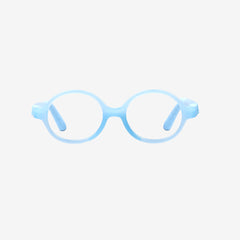 Light Blue kids 360 ultra-flexible round glasses showcasing a round one-piece screwless frame, detachable temples, and a adjustable elastic head strap for toddler eye safety.
