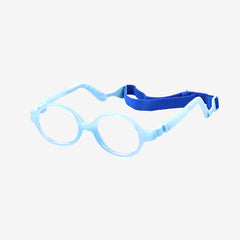 Light blue kids 360 ultra-flexible round glasses showcasing a round one-piece screwless frame, detachable temples, and a adjustable elastic head strap for toddler eye safety.