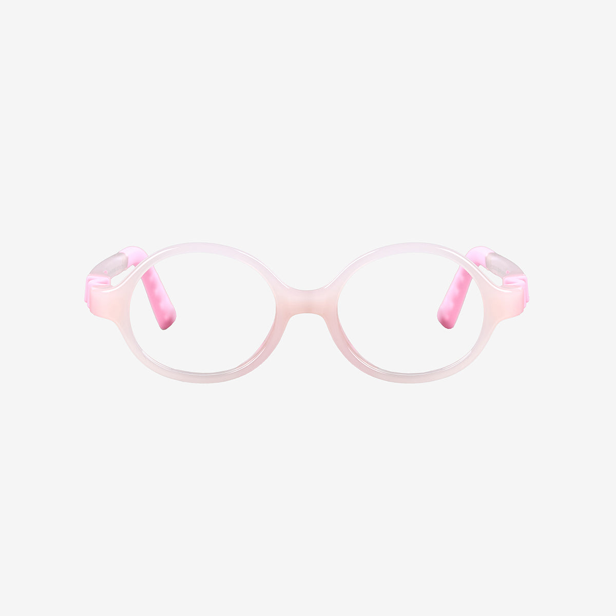 Pink kids 360 ultra-flexible round glasses showcasing a round one-piece screwless frame, detachable temples, and a adjustable elastic head strap for toddler eye safety.
