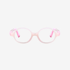 Pink kids 360 ultra-flexible round glasses showcasing a round one-piece screwless frame, detachable temples, and a adjustable elastic head strap for toddler eye safety.
