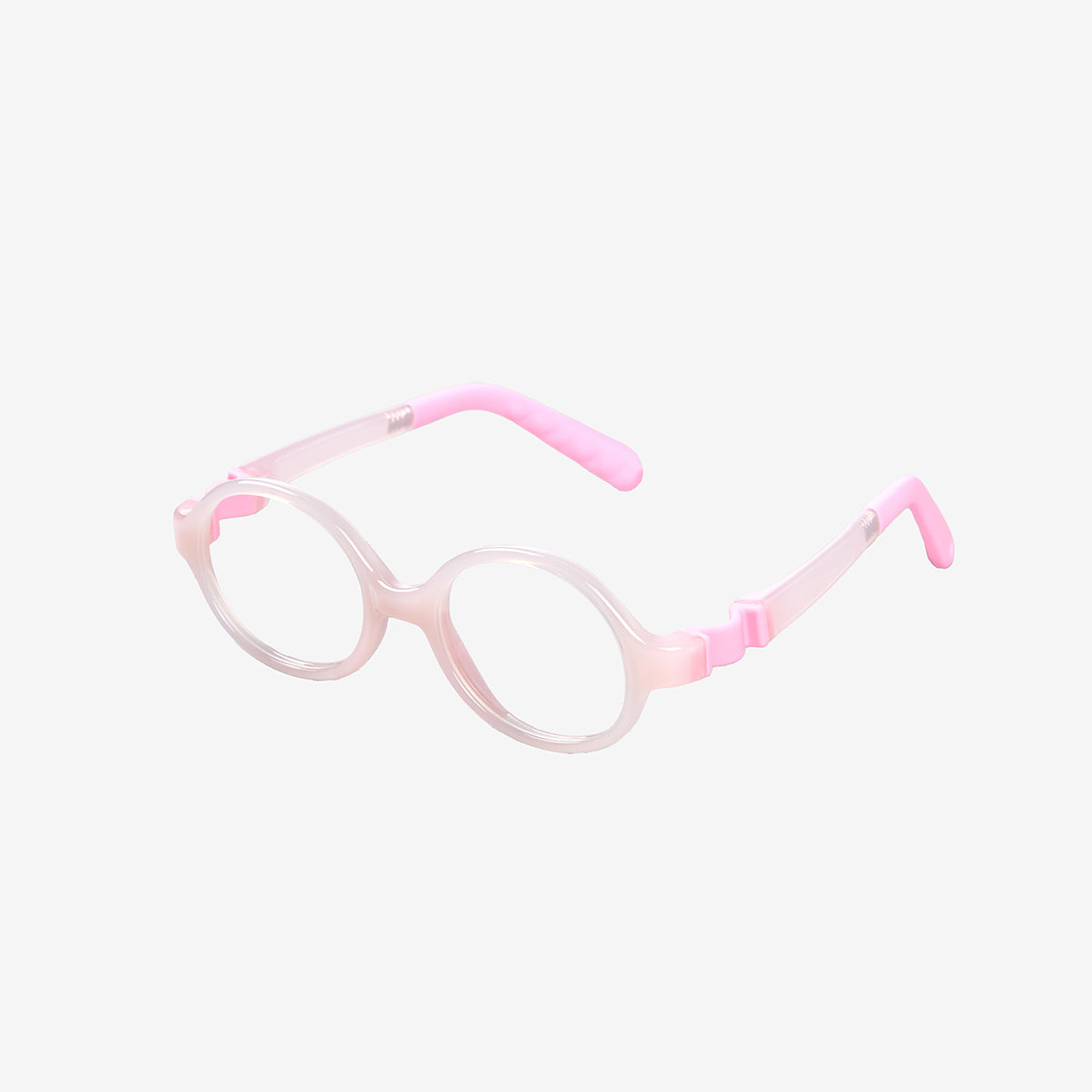 Pink kids 360 ultra-flexible round glasses showcasing a round one-piece screwless frame, detachable temples, and a adjustable elastic head strap for toddler eye safety.
