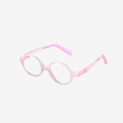 Pink kids 360 ultra-flexible round glasses showcasing a round one-piece screwless frame, detachable temples, and a adjustable elastic head strap for toddler eye safety.
