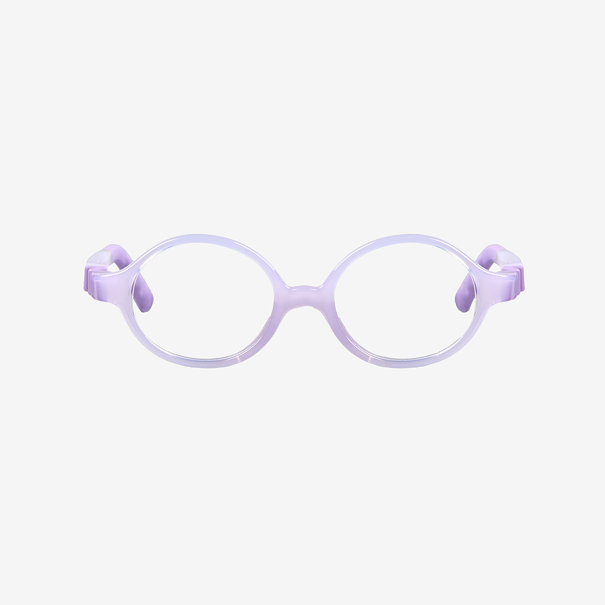 Purple kids 360 ultra-flexible round glasses showcasing a round one-piece screwless frame, detachable temples, and a adjustable elastic head strap for toddler eye safety.
