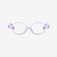 Purple kids 360 ultra-flexible round glasses showcasing a round one-piece screwless frame, detachable temples, and a adjustable elastic head strap for toddler eye safety.
