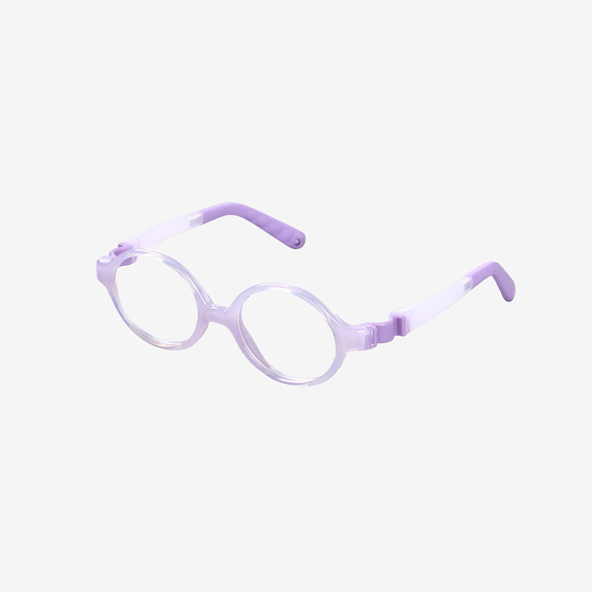 Purple kids 360 ultra-flexible round glasses showcasing a round one-piece screwless frame, detachable temples, and a adjustable elastic head strap for toddler eye safety.
