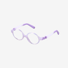 Purple kids 360 ultra-flexible round glasses showcasing a round one-piece screwless frame, detachable temples, and a adjustable elastic head strap for toddler eye safety.

