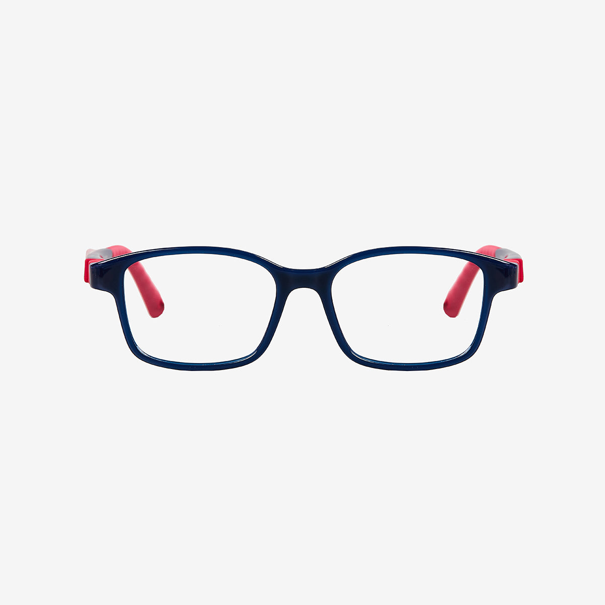 Kids ultra-flexible rectangle screwless prescription glasses with adjustable sports strap and temple tips in navy and red
