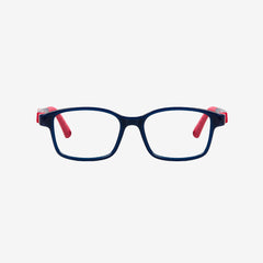 Kids ultra-flexible rectangle screwless prescription glasses with adjustable sports strap and temple tips in navy and red
