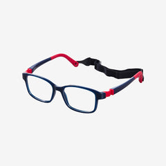 Kids ultra-flexible rectangle screwless prescription glasses with adjustable sports strap and temple tips in navy and red
