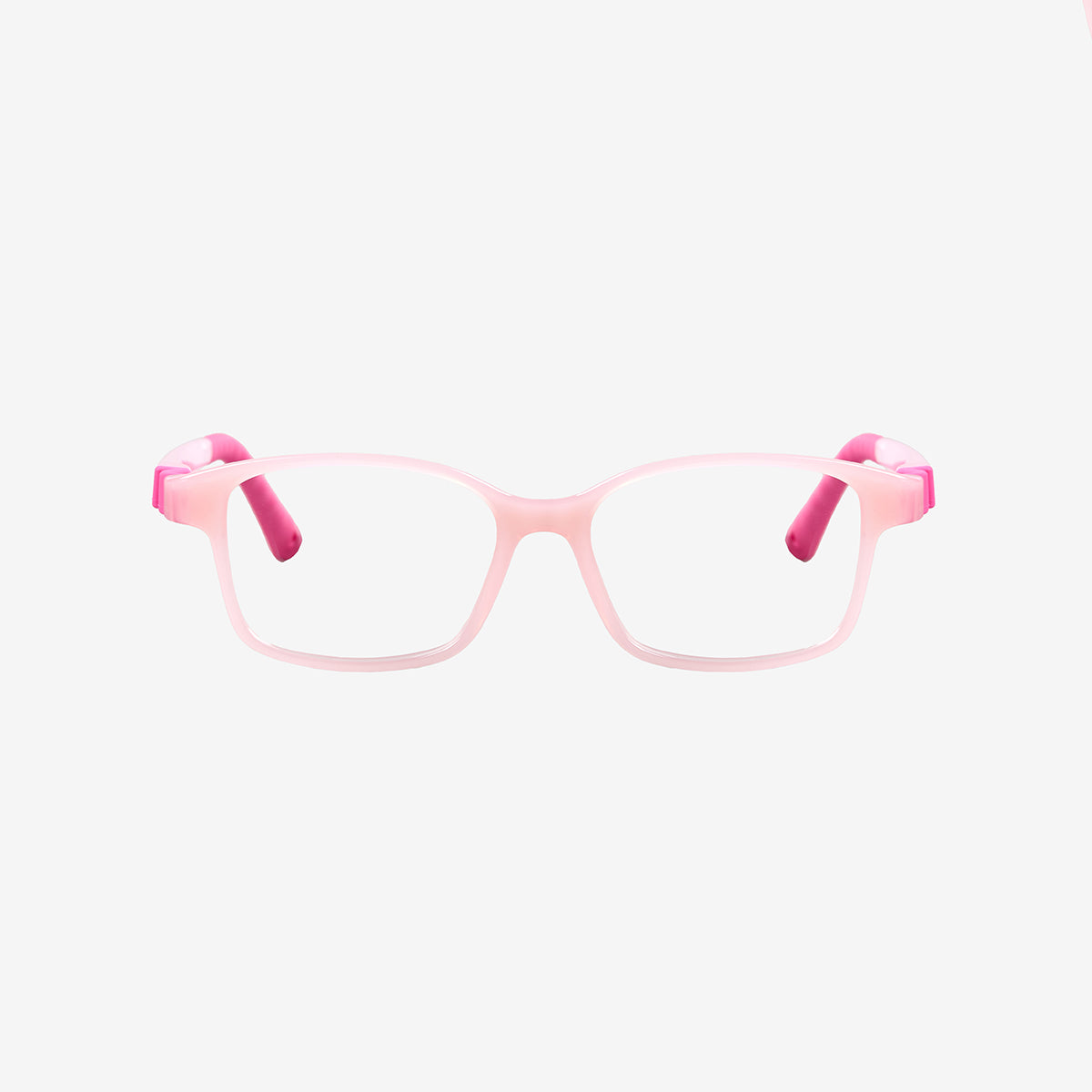 Kids ultra-flexible rectangle screwless prescription glasses with adjustable sports strap and temple tips in pink
