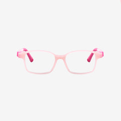 Kids ultra-flexible rectangle screwless prescription glasses with adjustable sports strap and temple tips in pink

