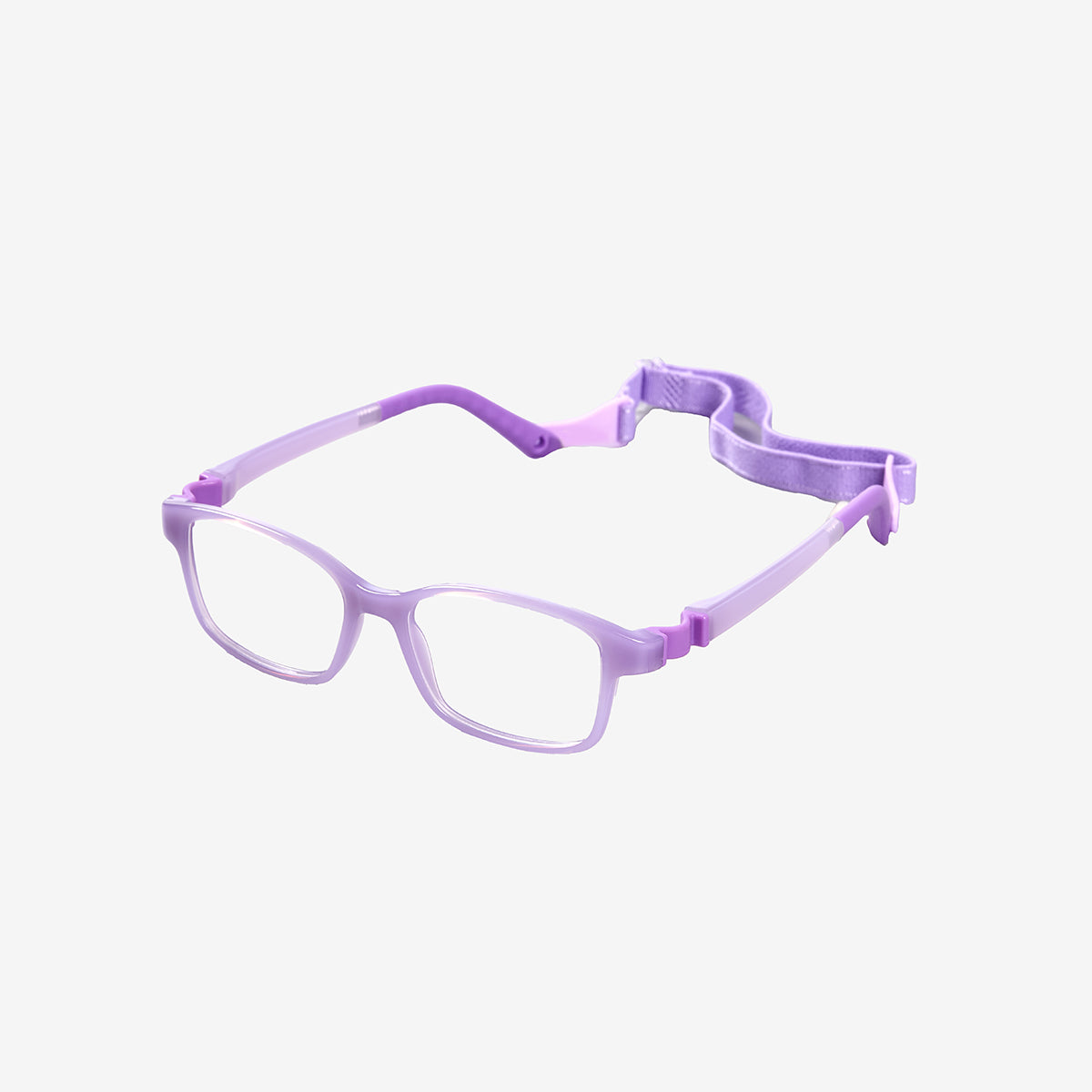 Kids ultra-flexible rectangle screwless prescription glasses with adjustable sports strap and temple tips in purple
