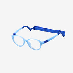 Light blue flexible sports glasses for kids featuring an adjustable blue elastic strap and durable round frame, side views.
