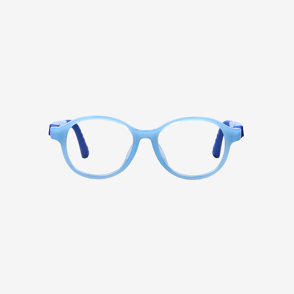 Light blue flexible sports glasses for kids featuring an adjustable blue elastic strap and durable round frame, front and angled views.