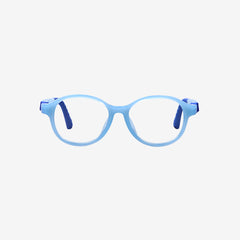 Light blue flexible sports glasses for kids featuring an adjustable blue elastic strap and durable round frame, front and angled views.