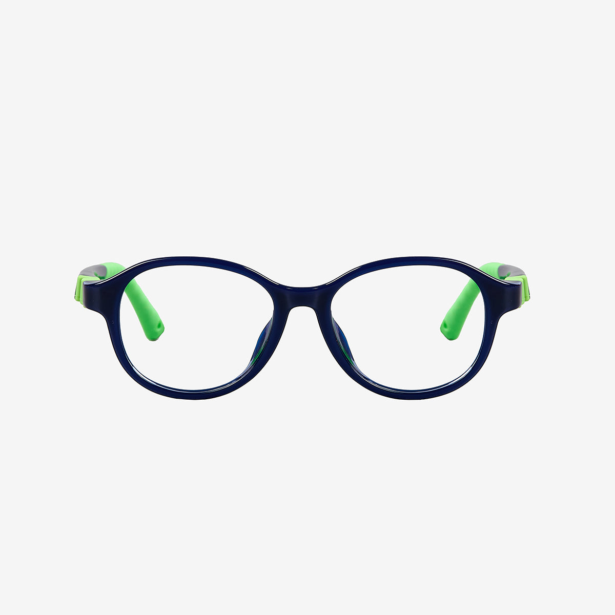 Navy Green flexible sports glasses for kids featuring an adjustable black elastic strap and durable round frame, front and angled views.
