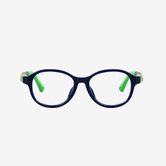 Navy Green flexible sports glasses for kids featuring an adjustable black elastic strap and durable round frame, front and angled views.
