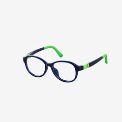 Navy Green flexible sports glasses for kids featuring an adjustable black elastic strap and durable round frame, side views.
