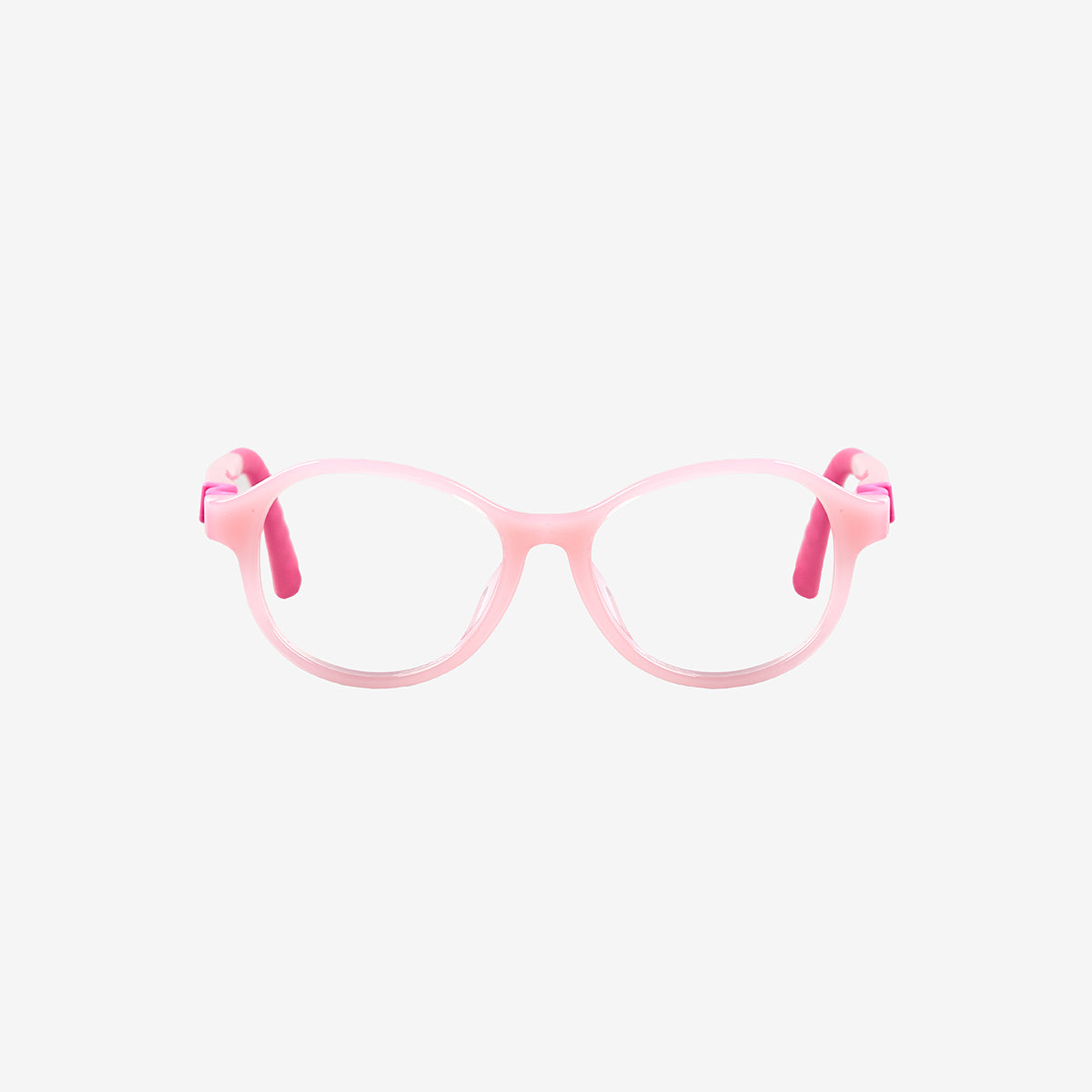 Pink flexible sports glasses for kids featuring an adjustable pink elastic strap and durable round frame, front and angled views.
