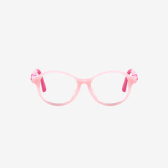 Pink flexible sports glasses for kids featuring an adjustable pink elastic strap and durable round frame, front and angled views.
