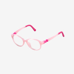 Pink flexible sports glasses for kids featuring an adjustable pink elastic strap and durable round frame, side view.
