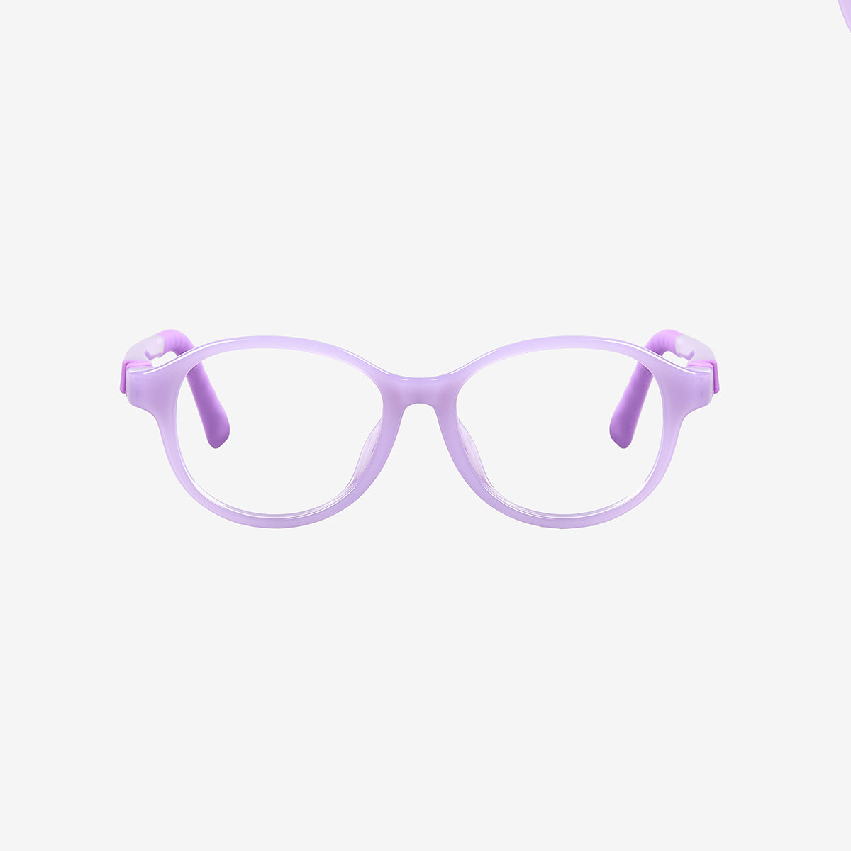Purple flexible sports glasses for kids featuring an adjustable purpke elastic strap and durable round frame, front and angled views.
