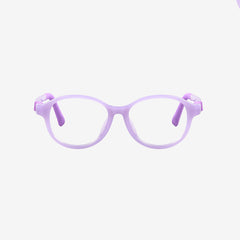 Purple flexible sports glasses for kids featuring an adjustable purpke elastic strap and durable round frame, front and angled views.
