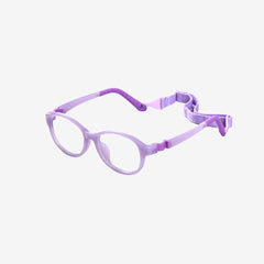 Purple flexible sports glasses for kids featuring an adjustable purple elastic strap and durable round frame, side view.
