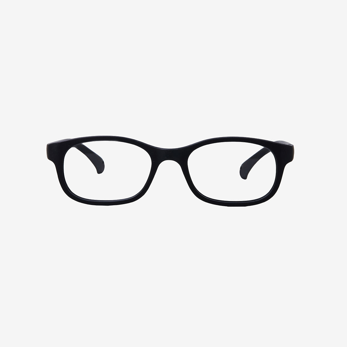Lenslott black kids flexible rectangle glasses with a 100% screwless safety design, including a detachable black elastic headband, shown from the front view.
