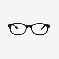 Lenslott black kids flexible rectangle glasses with a 100% screwless safety design, including a detachable black elastic headband, shown from the front view.
