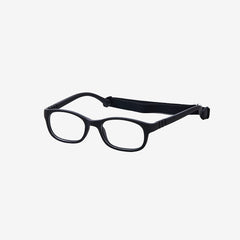 Lenslott black kids flexible rectangle glasses with a 100% screwless safety design, including a detachable black elastic headband, shown from the front view.
