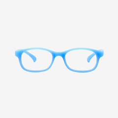 Lenslott blue kids flexible rectangle glasses with a 100% screwless safety design, including a detachable blue elastic headband, shown from the front view.

