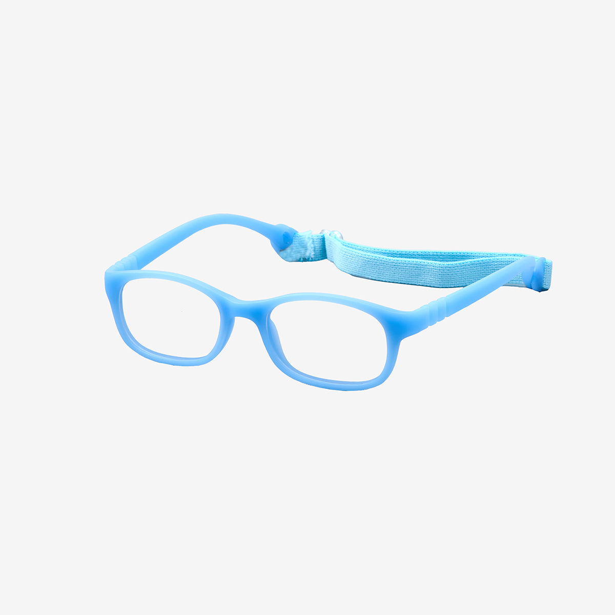 Lenslott blue kids flexible rectangle glasses with a 100% screwless safety design, including a detachable blue elastic headband, shown from the side view.
