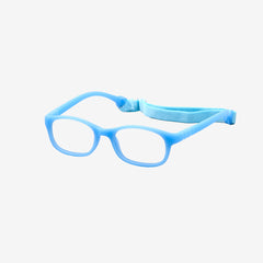 Lenslott blue kids flexible rectangle glasses with a 100% screwless safety design, including a detachable blue elastic headband, shown from the side view.
