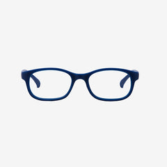 Lenslott navy kids flexible rectangle glasses with a 100% screwless safety design, including a detachable navy elastic headband, shown from the front view.
