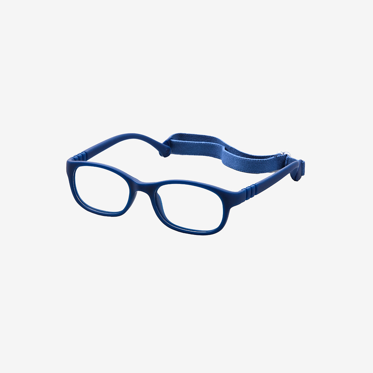 Lenslott navy kids flexible rectangle glasses with a 100% screwless safety design, including a detachable navy elastic headband, shown from the front view.
