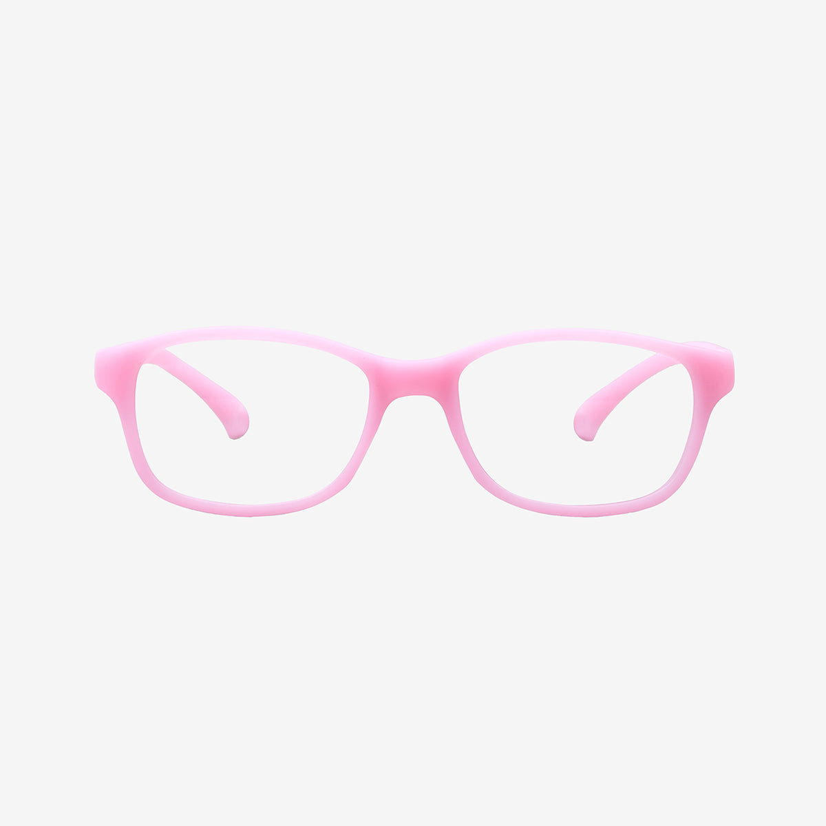 Lenslott pink youth flexible rectangle glasses with an adjustable elastic comfort strap, shown from the front view on a clean white background.